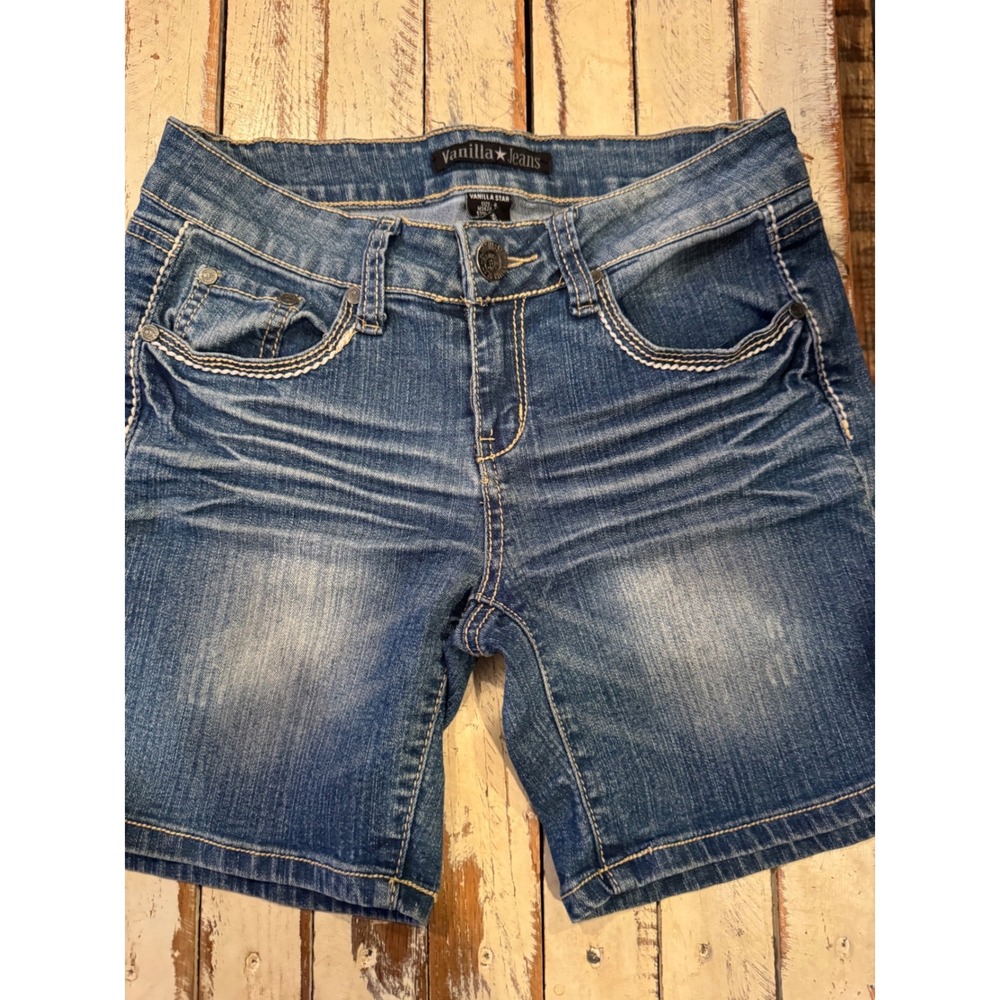 Vanilla Star Denim Shorts Medium Wash Embellished Flap Pocket Y2K Size 9
